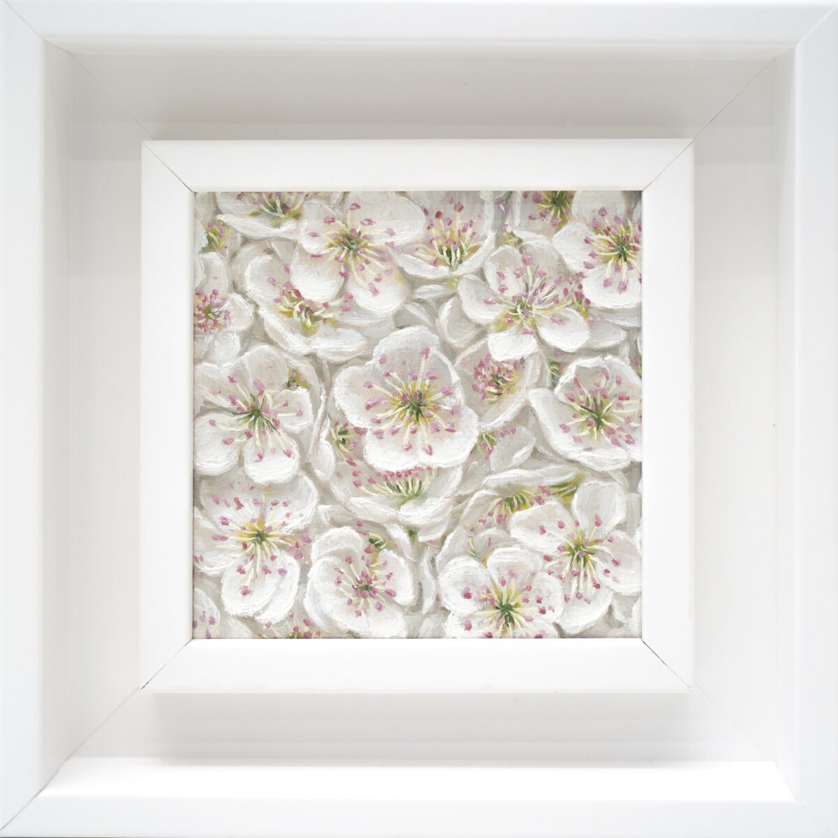 Pear Blossom 10x10cm oil painting from The Garden of the Theotokos Series by Paunkovic, small framed floral artwork with delicate white blossoms.