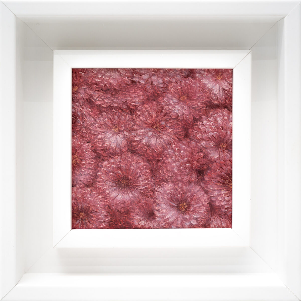 Chrysanthemum 10x10cm oil painting from The Garden of the Theotokos Series by Paunkovic, small framed artwork with radiant yellow blossoms.