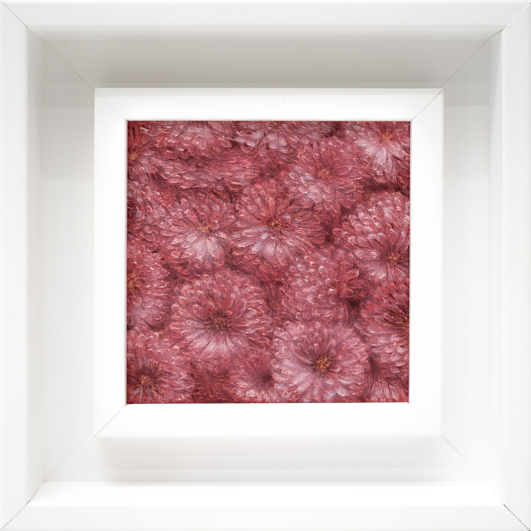 Chrysanthemum 10x10cm oil painting from The Garden of the Theotokos Series by Paunkovic, small framed artwork with radiant yellow blossoms.