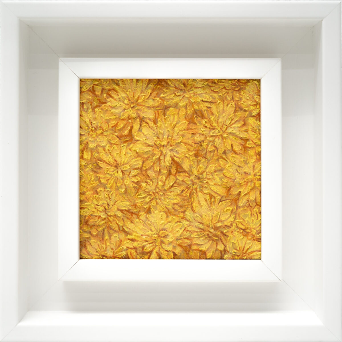 Kerria japonica 10x10cm oil painting from The Garden of the Theotokos Series by Paunkovic, small framed floral artwork with vibrant yellow blossoms.