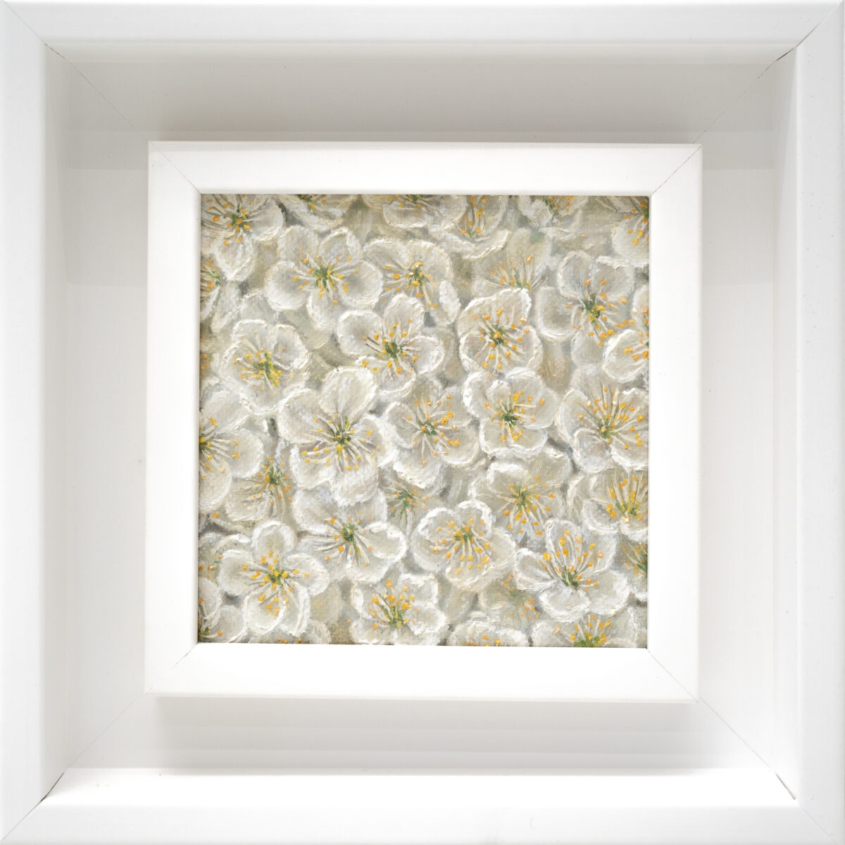 Sour Cherry Blossom 10x10cm oil painting from The Garden of the Theotokos Series by Paunkovic, small framed artwork with delicate pink and white blossoms.