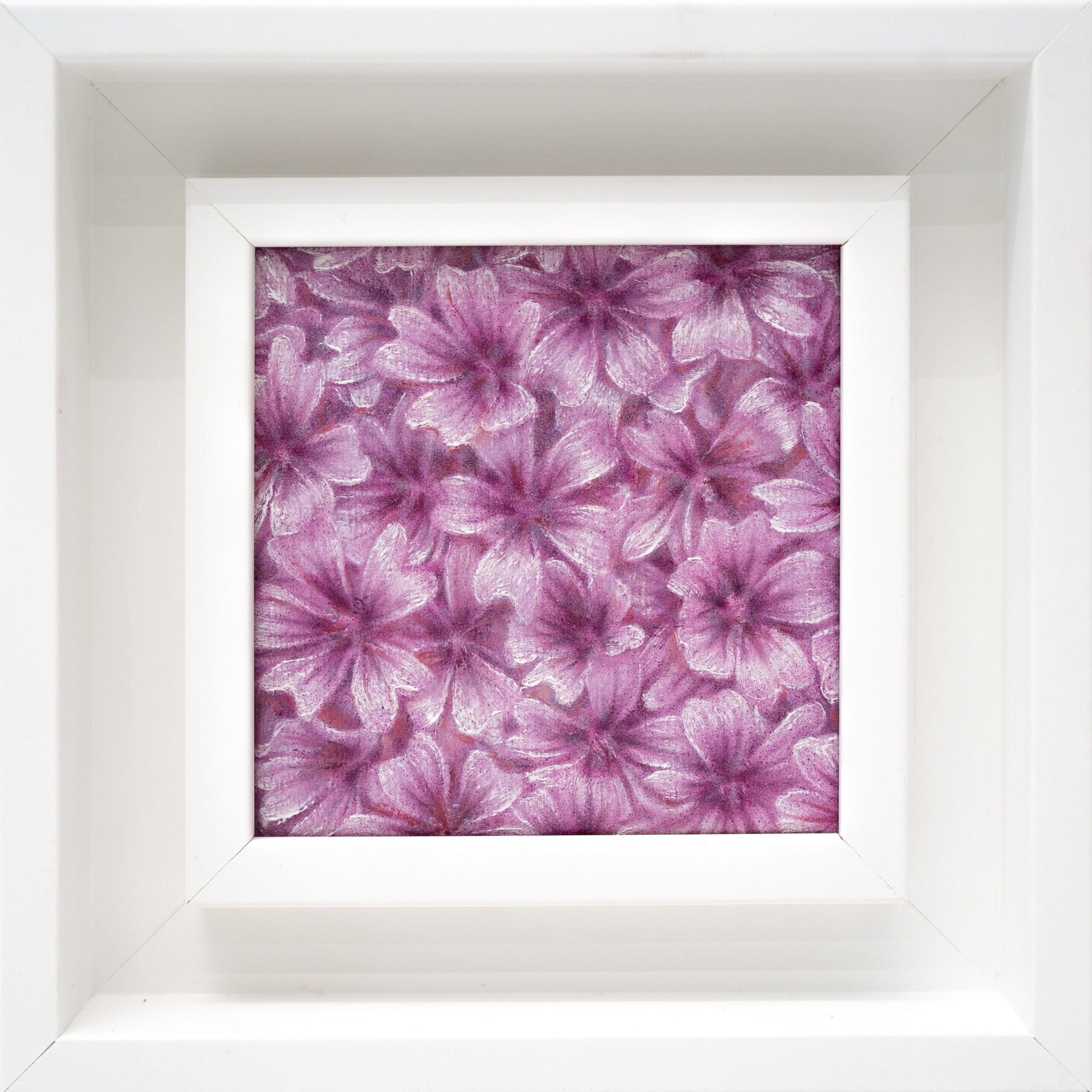 Black Hollyhock 10x10cm oil painting from The Garden of the Theotokos Series by Paunkovic, small framed artwork with deep black blossoms.