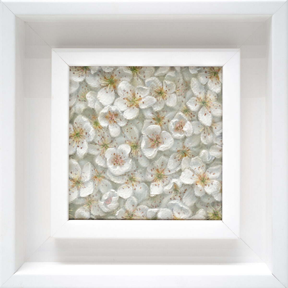 Quince Blossom 10x10cm oil painting from The Garden of the Theotokos Series by Paunkovic, small framed floral artwork with delicate pink and white blossoms.