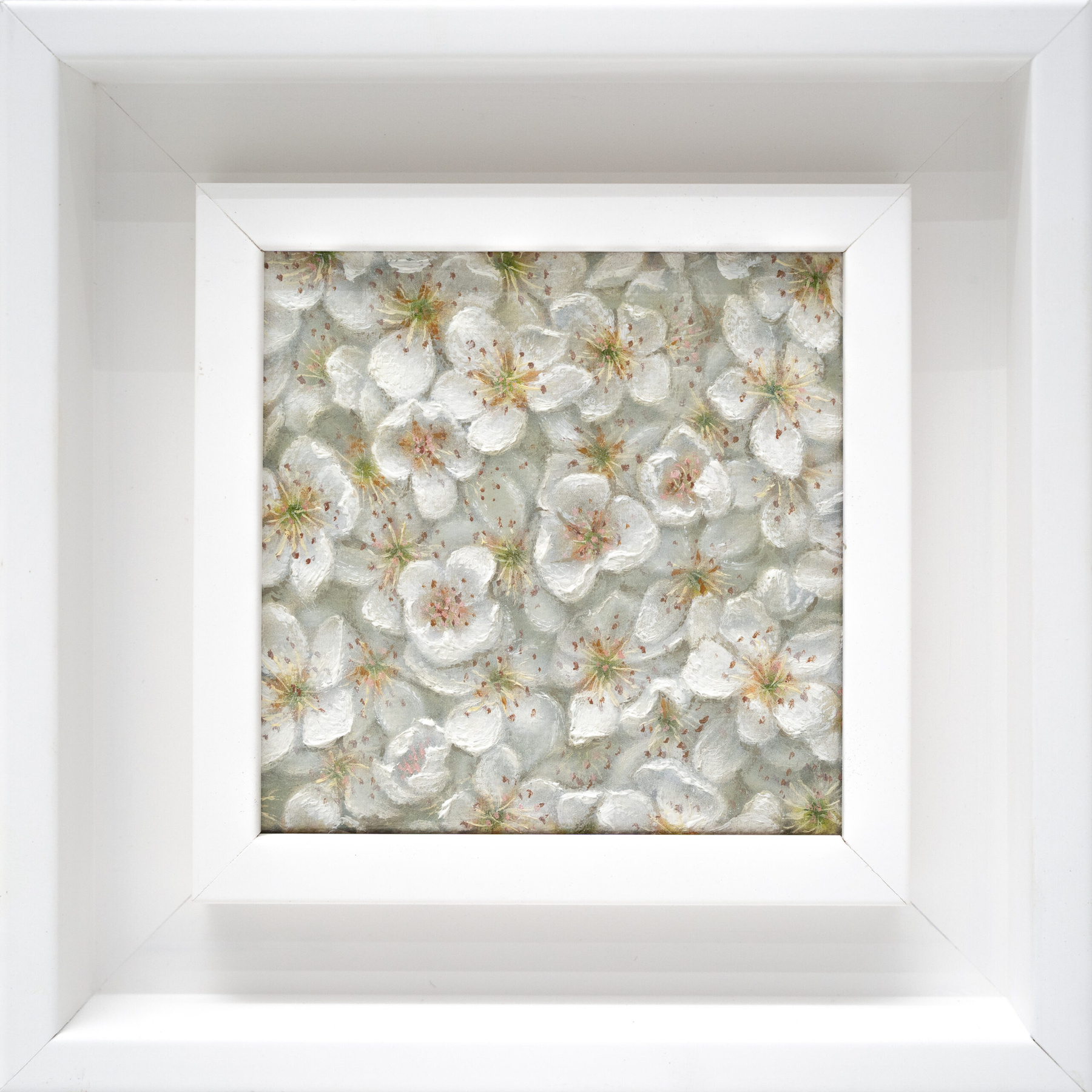 Quince Blossom 10x10cm oil painting from The Garden of the Theotokos Series by Paunkovic, small framed floral artwork with delicate pink and white blossoms.