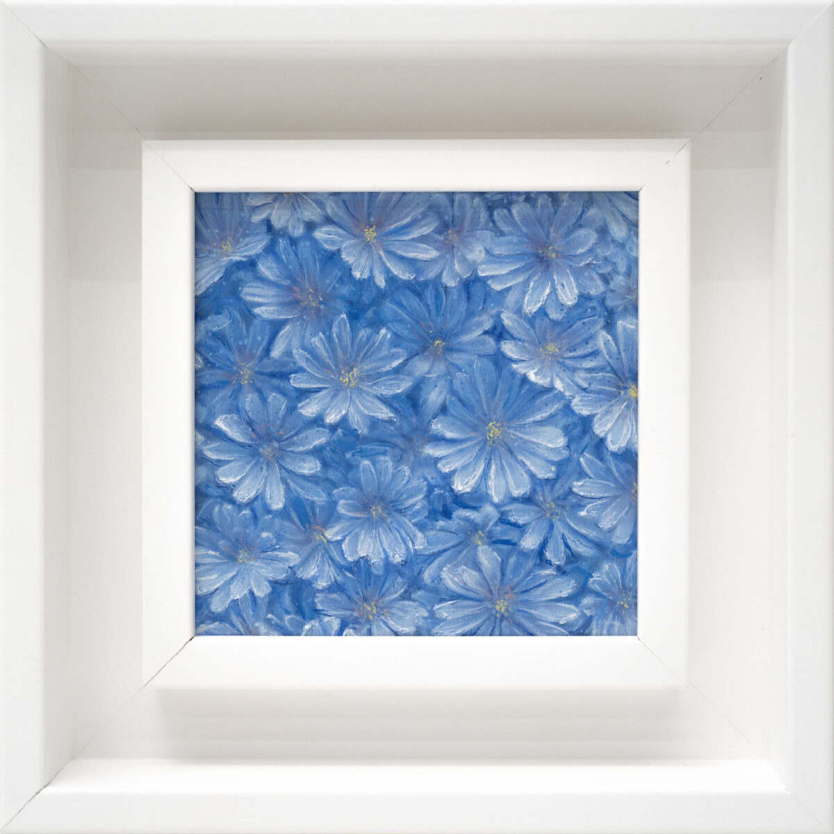Chicory 10x10cm oil painting from the Garden of the Theotokos Art Series by Paunkovic, small framed blue floral artwork