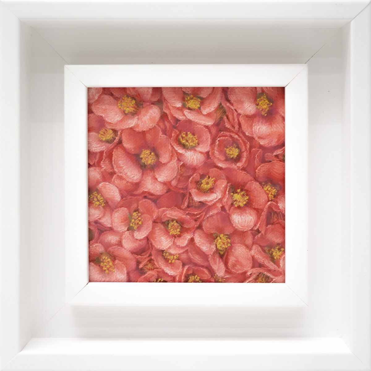 Japanese Quince 10x10cm oil painting from the Garden of the Theotokos Art Series by Paunkovic, small framed floral artwork with vibrant blossoms.