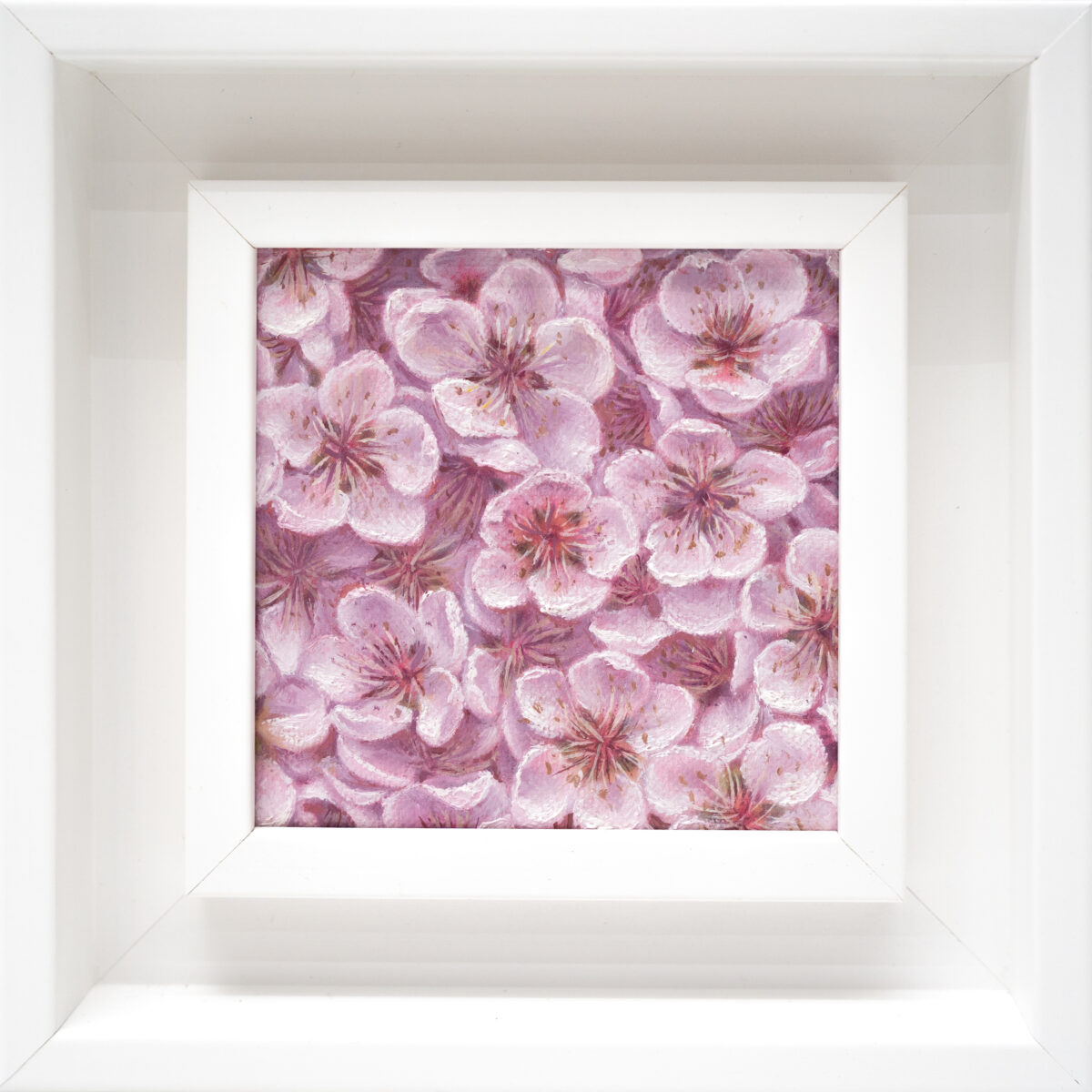 Peach Blossom 10x10cm oil painting from the Garden of the Theotokos Art Series by Paunkovic, small framed floral artwork with soft pink petals.