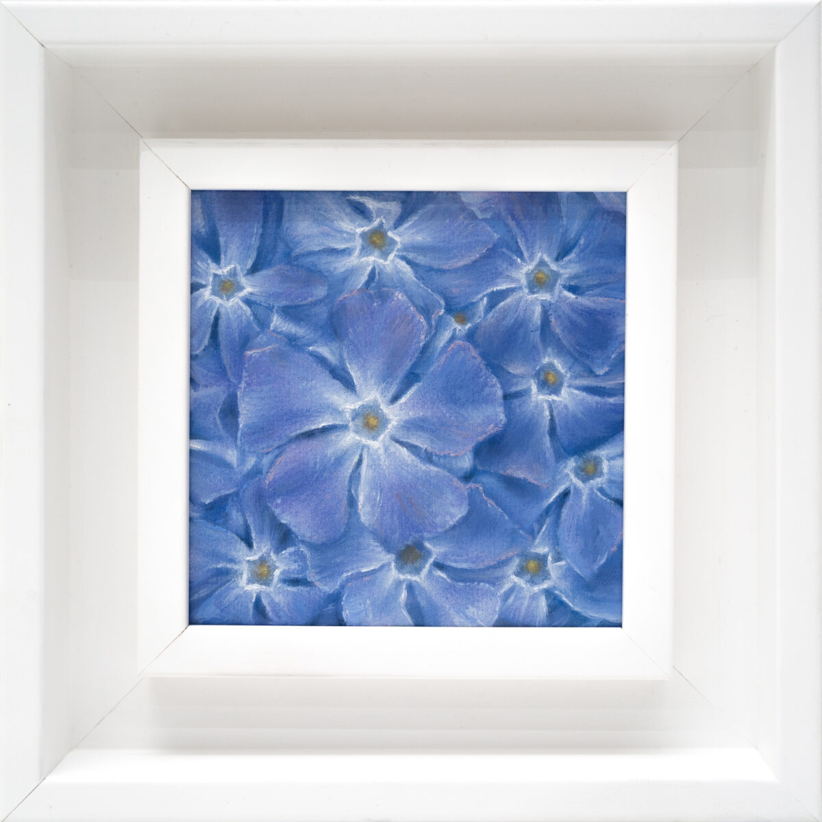 Periwinkle (Vinca minor) 10x10cm oil painting from The Garden of the Theotokos Series by Paunkovic, small framed floral artwork with blue-violet flowers.