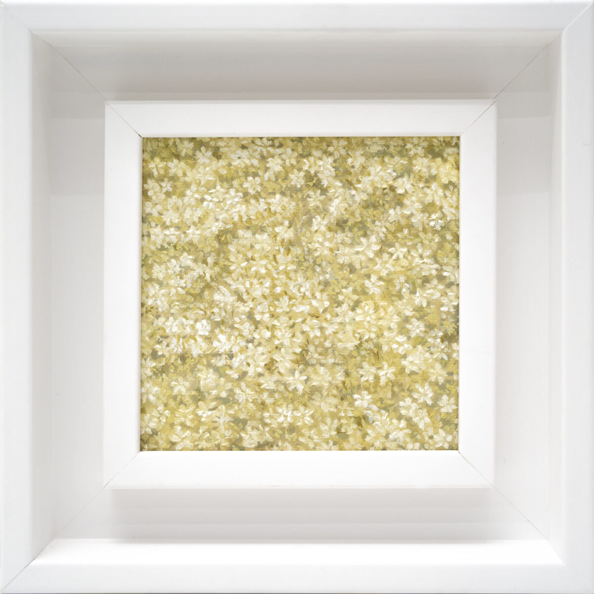 Elderflower 10x10cm oil painting from the Garden of the Theotokos Art Series by Paunkovic, small framed floral artwork with delicate white blossoms.