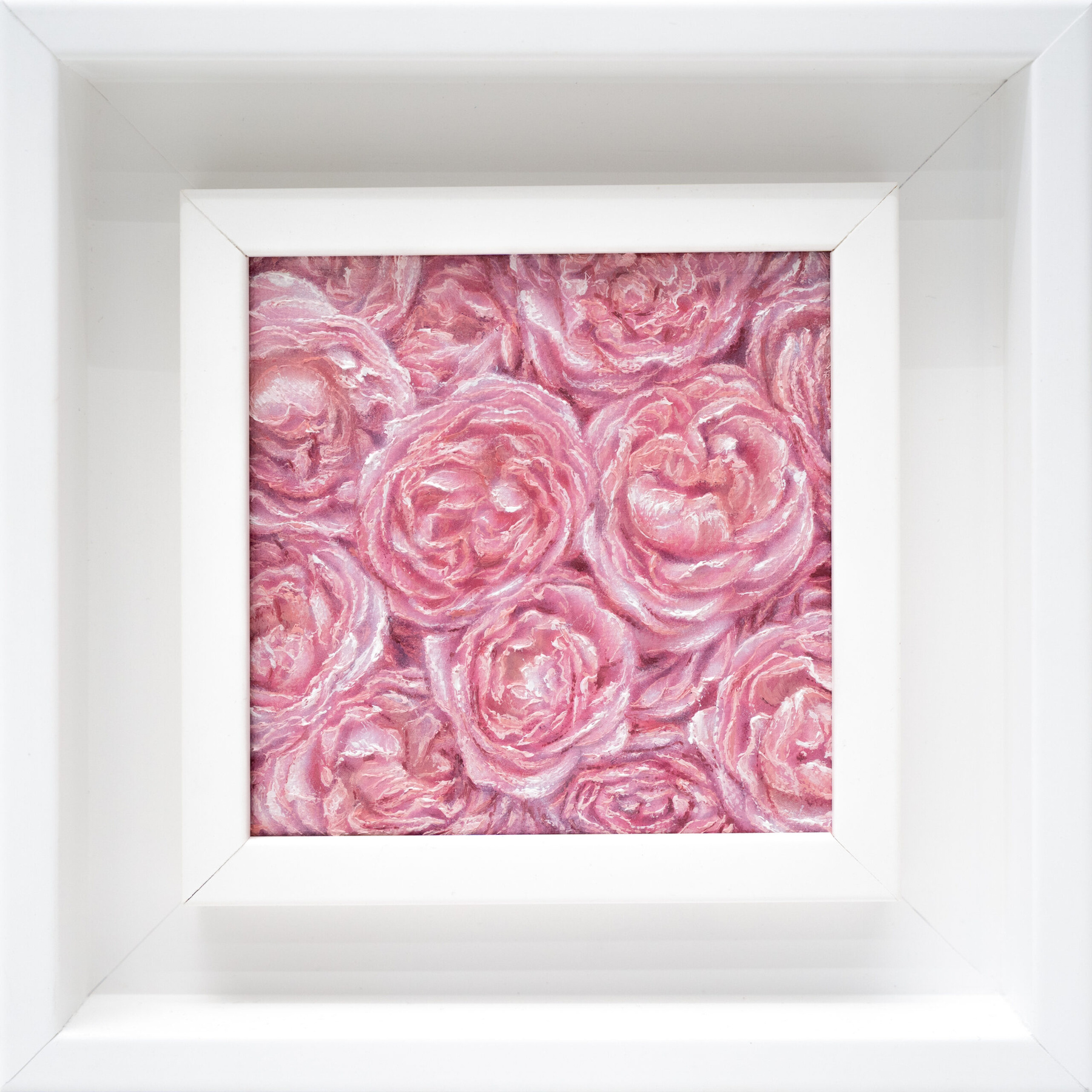 Rose 10x10cm oil painting from The Garden of the Theotokos Series by Paunkovic, small framed floral artwork with layered petals.