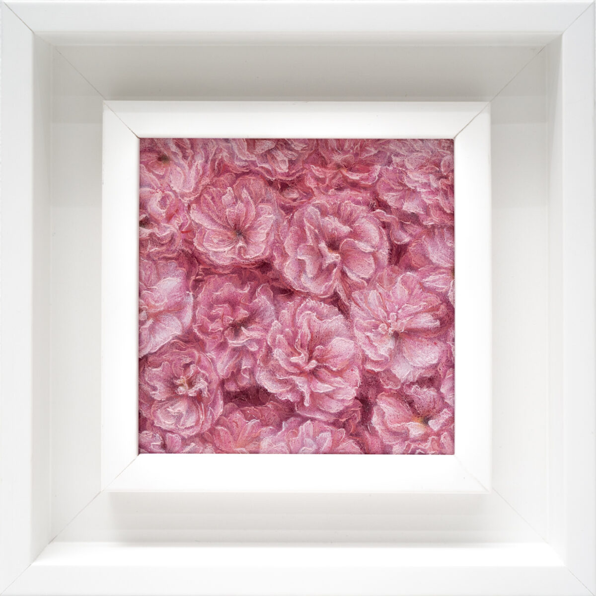 Japanese Cherry Blossom 10x10cm oil painting from The Garden of the Theotokos Series by Paunkovic, small framed artwork with delicate pink sakura blossoms.