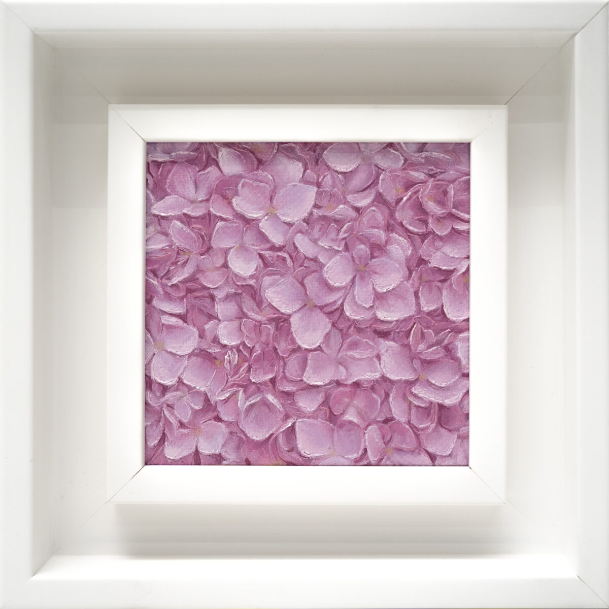 Hydrangea oil painting 10x10cm, small framed artwork with soft clustered flowers