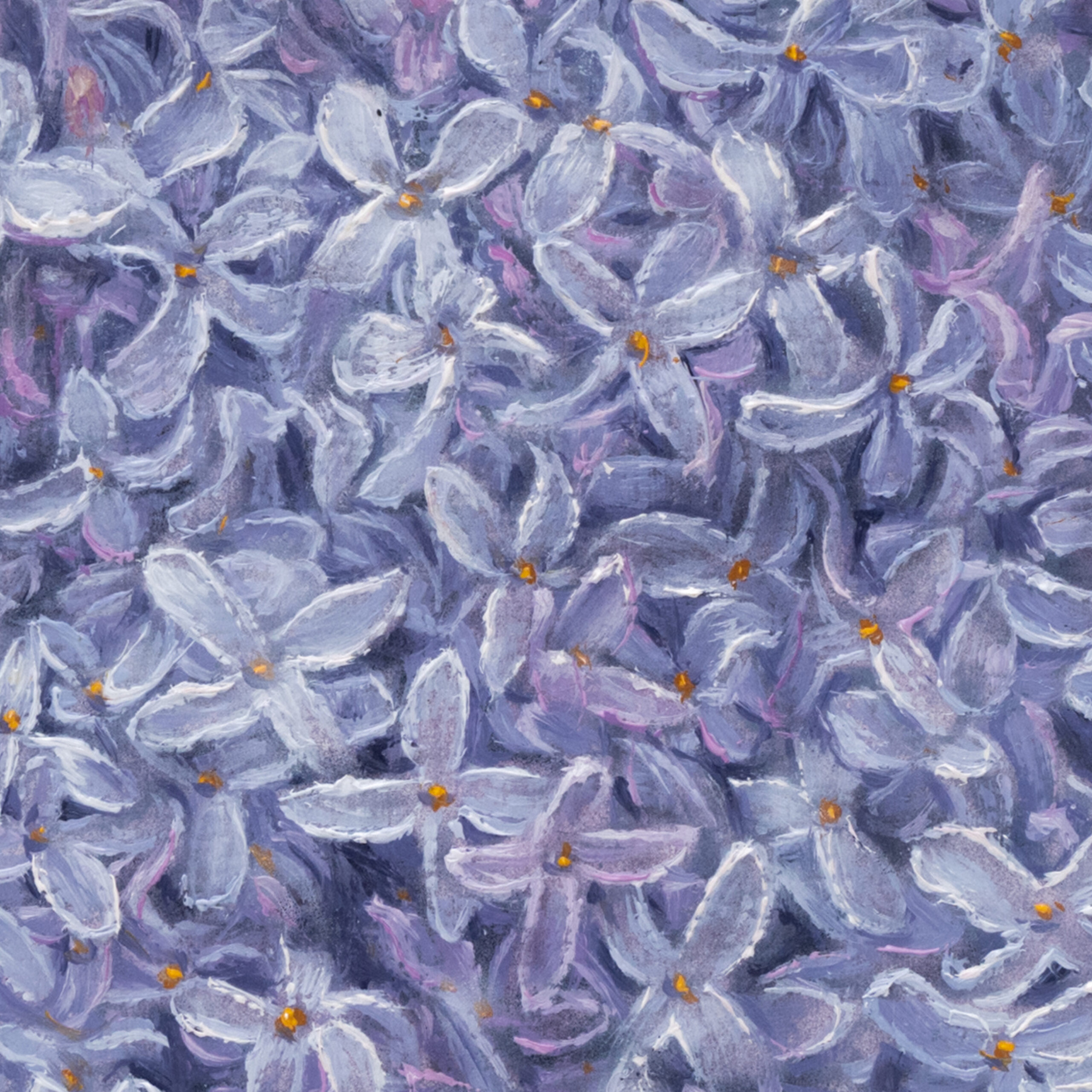 Close-up detail of Blue Lilac oil painting, cool blue-violet brushwork and layered floral clusters