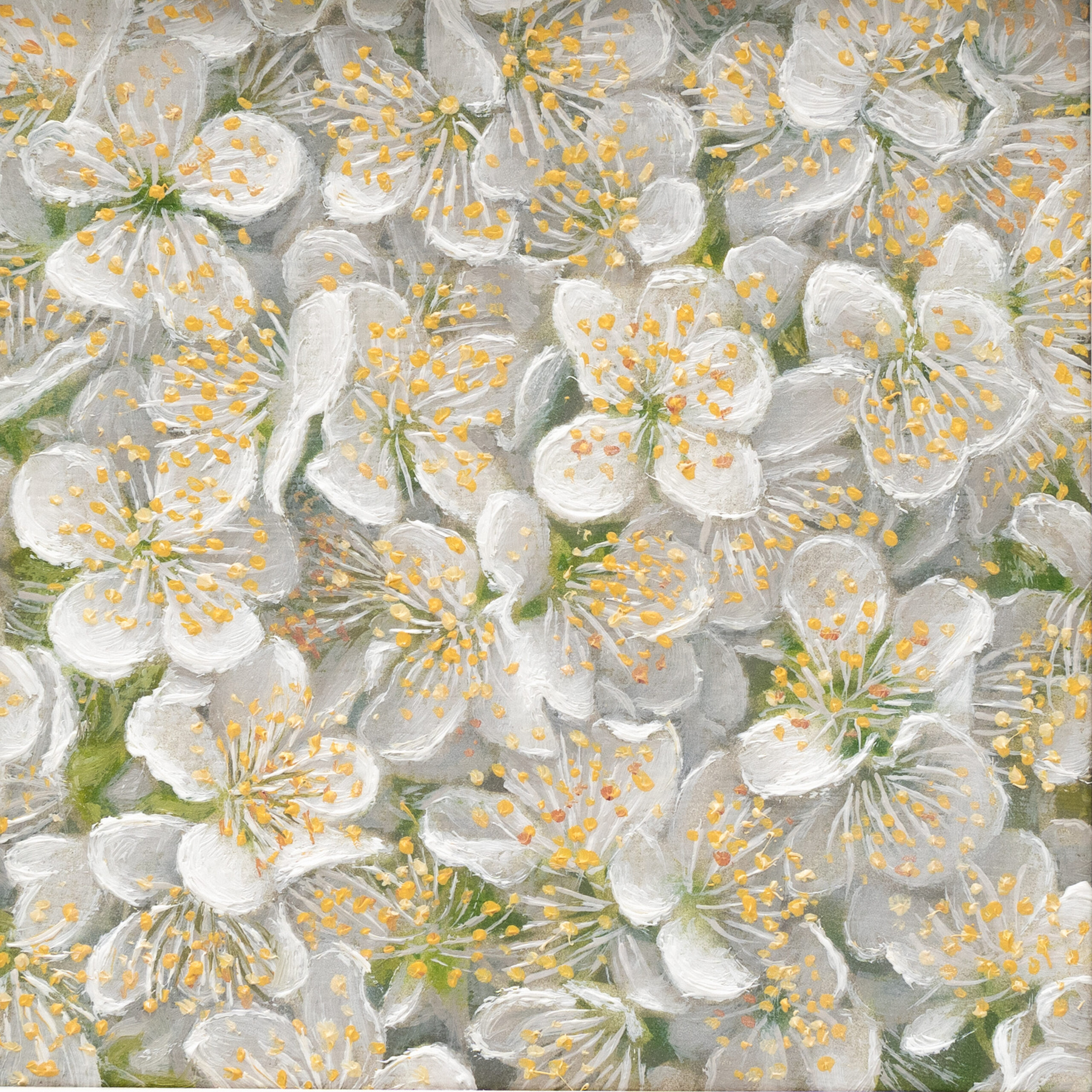 Close-up detail of Pear Blossom oil painting, luminous white petals with warm cream tones in layered oil paint